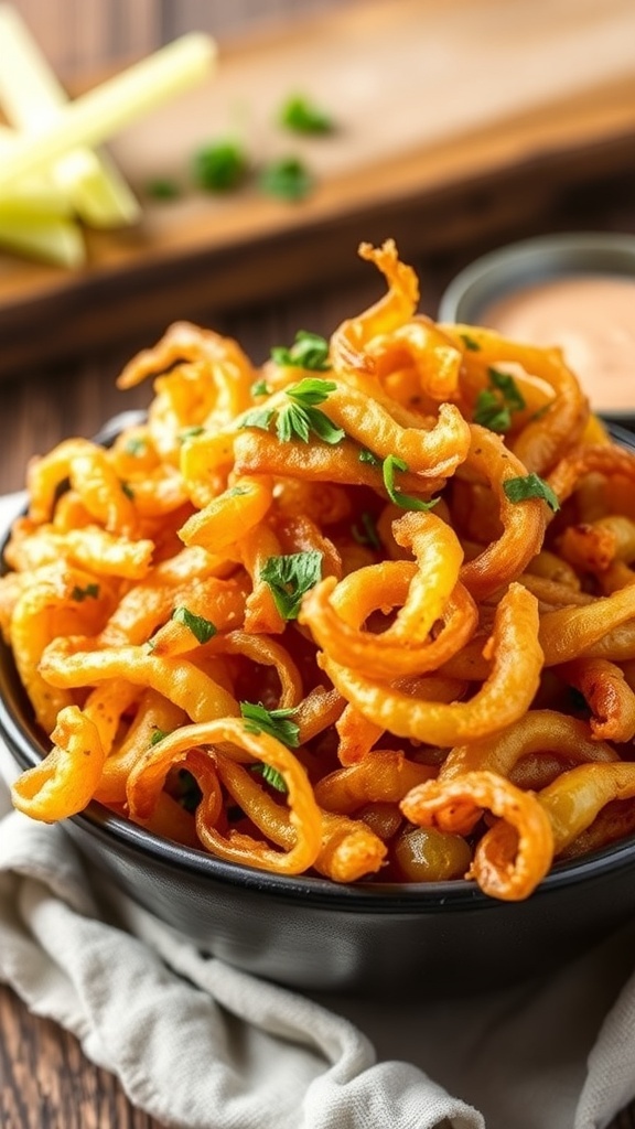 Crispy Air Fryer French Fried Onions Recipe Crispy air fryer French fried onions in a bowl, garnished with herbs, on a rustic table.